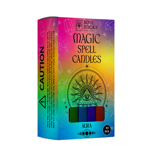 Box of Soul Sticks Magic Spell Candles with colorful design and eye symbol on a white background