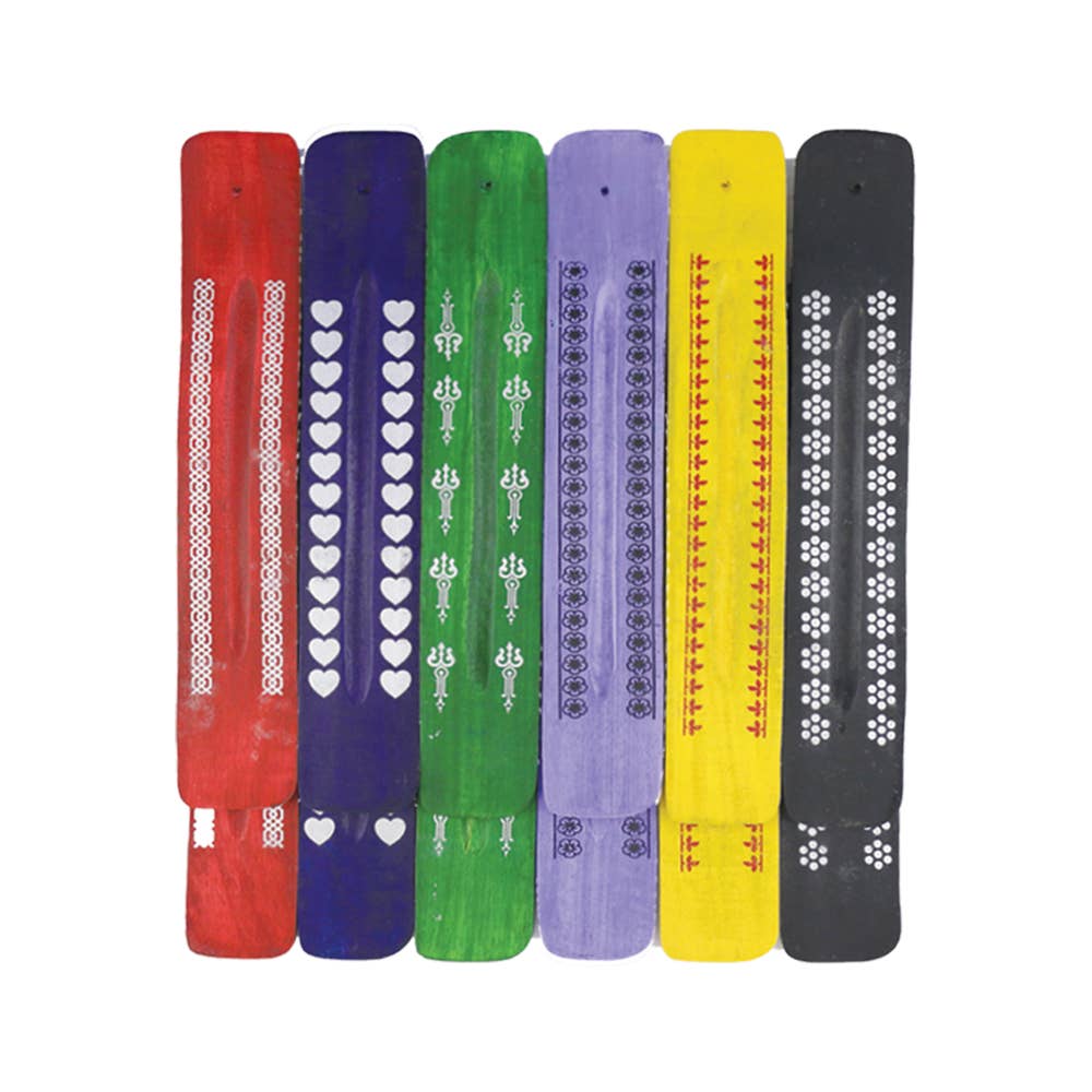 Set of six colorful incense holders with patterned designs on a white background
