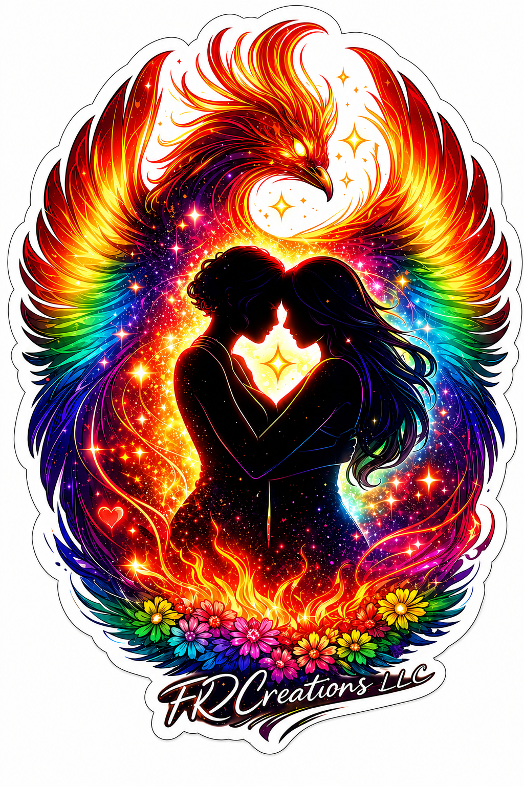 Female couple surrounded by rainbow phoenix