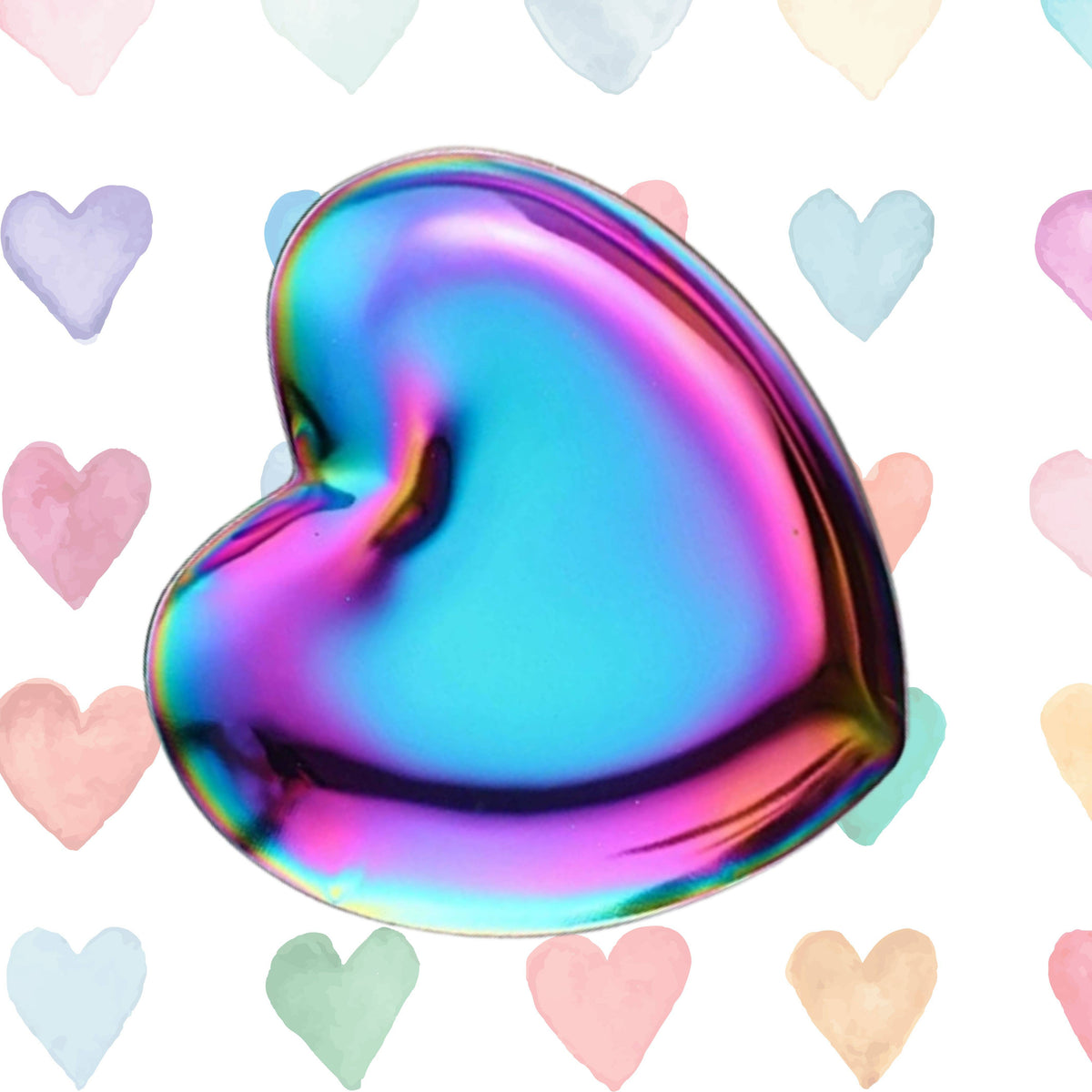 A heart-shaped glass object with a vibrant iridescent rainbow sheen, featuring a gradient of blue, purple, pink, and green, set against a white background patterned with pastel watercolor hearts.