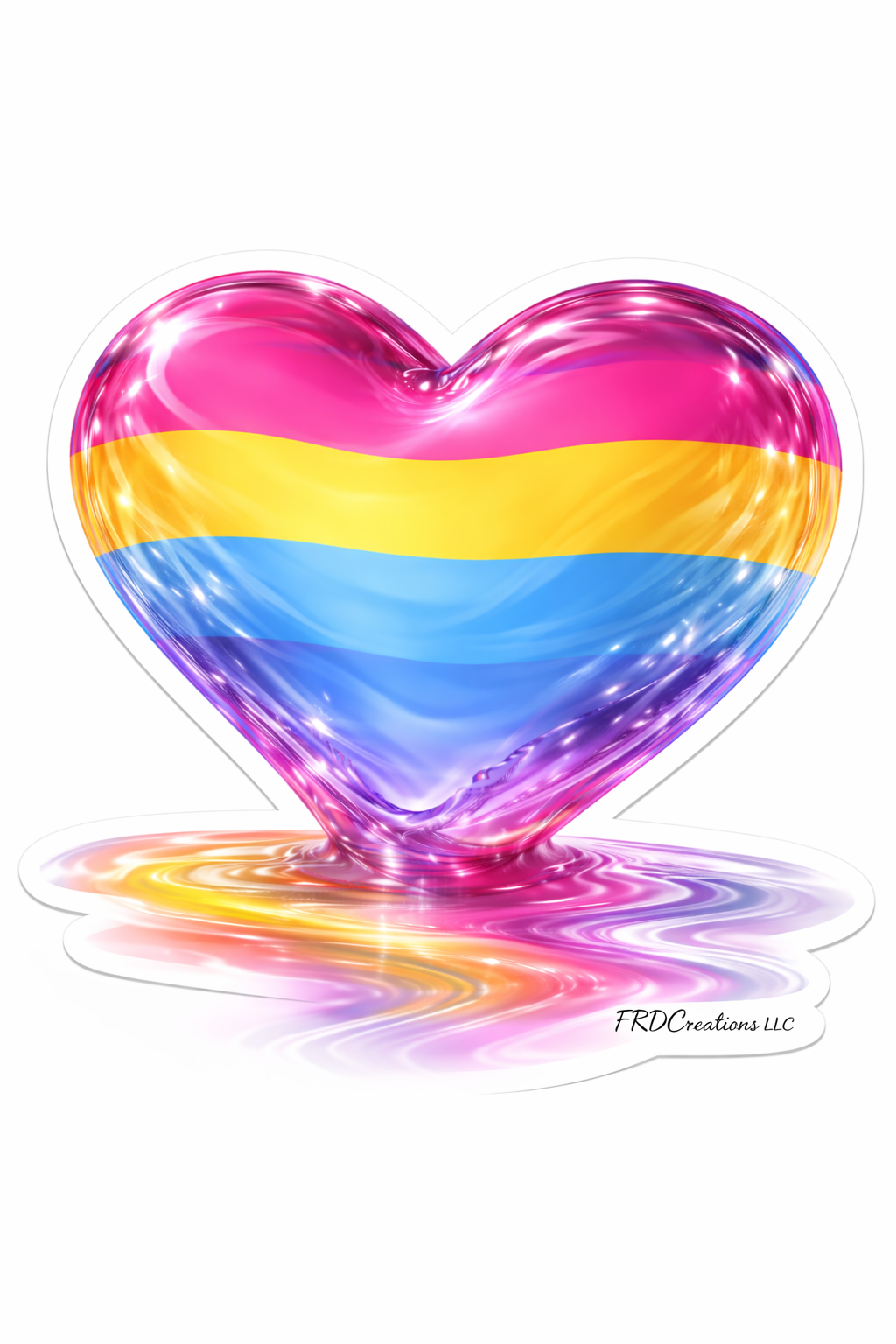 A glossy heart-shaped sticker or decal featuring the pansexual pride flag with horizontal pink, yellow, and blue stripes, shown on a white background with a colorful reflection and a small 'FKDcreations LLC' signature.