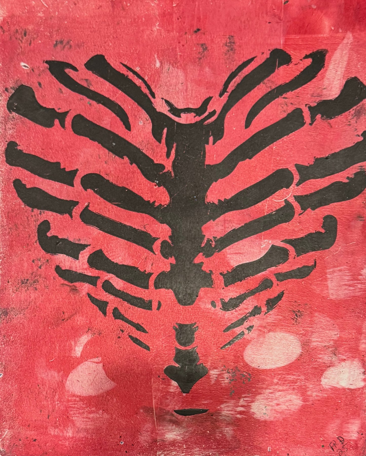 A distressed red wall stencil featuring a black skeletal rib cage , with visible painted texture, scratches, and worn areas.