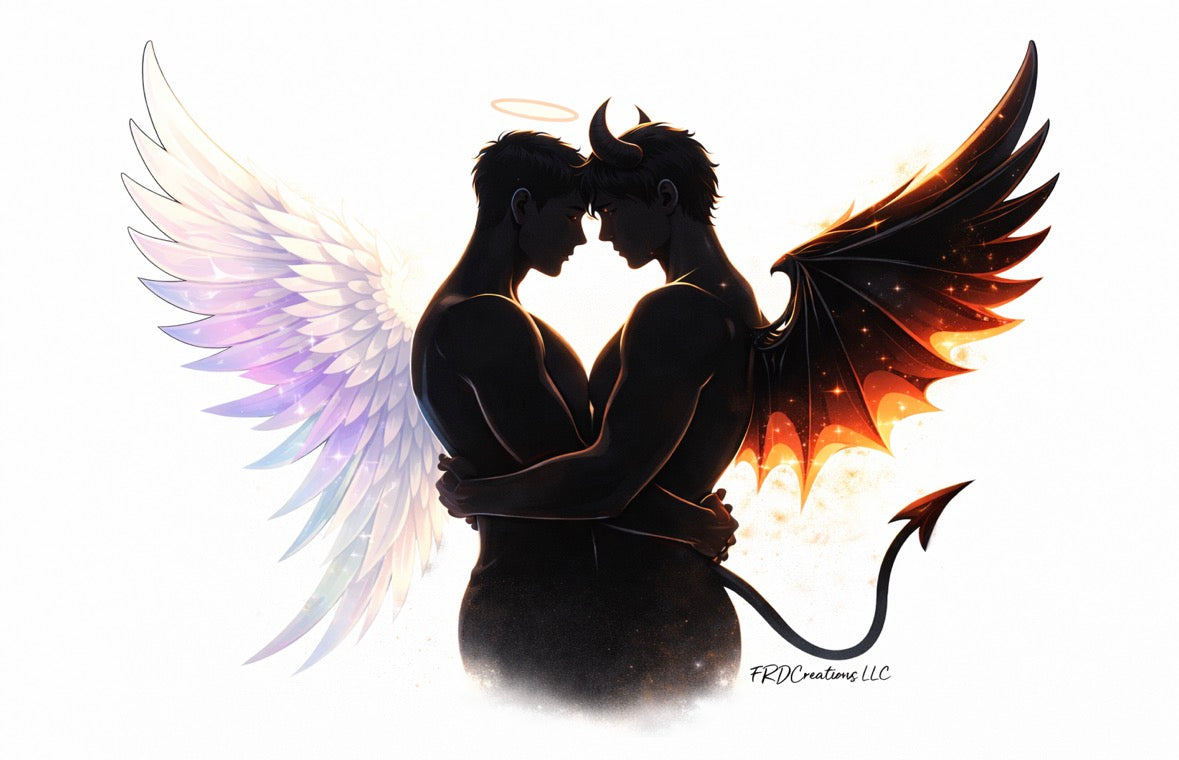 Silhouette of an gay angel and a demon embracing with colorful wings on a white background
