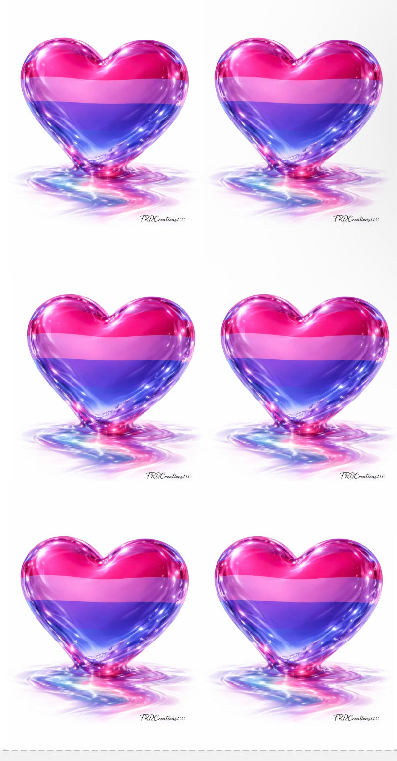 Six heart-shaped objects with pink and blue colors on a white background. Bisexual pride heart sticker
