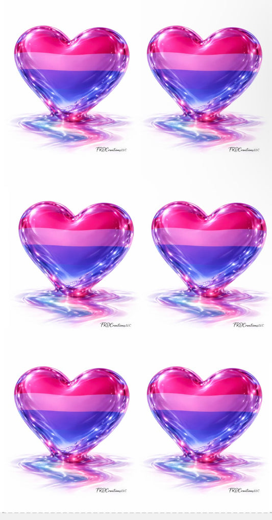 Six heart-shaped objects with pink and blue colors on a white background. Bisexual pride heart sticker