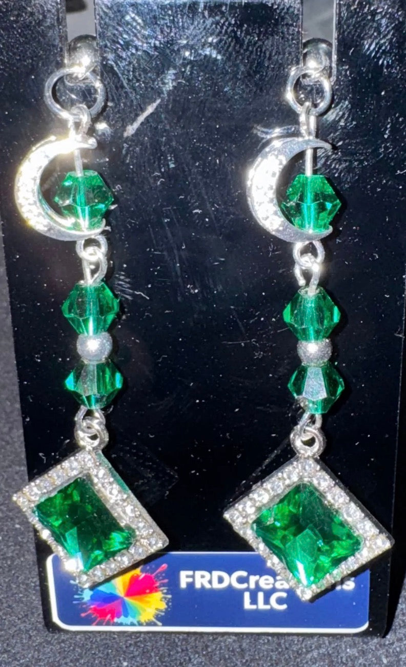 Green Diamond shape and moon earrings.