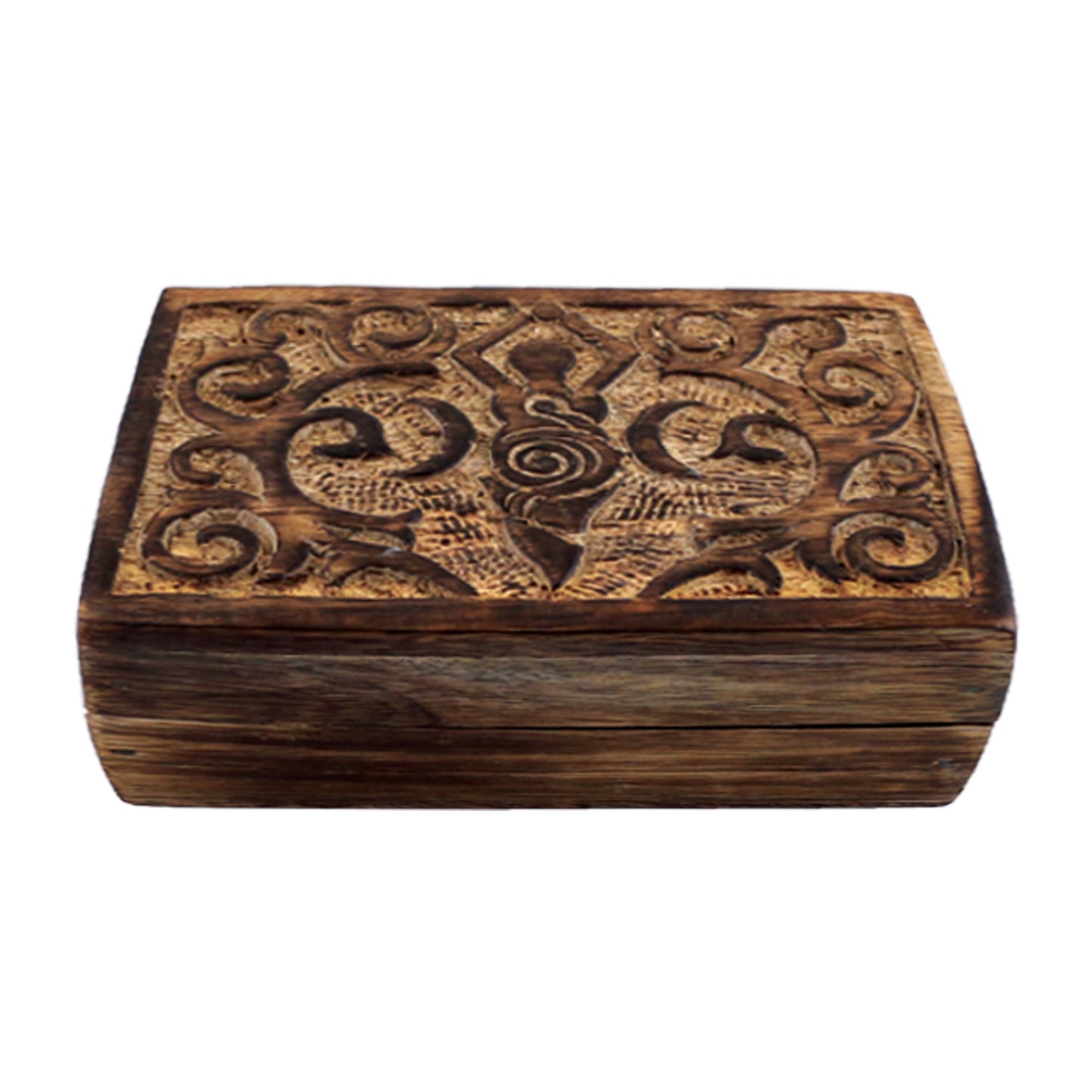 Wooden box with intricate carvings on a white background