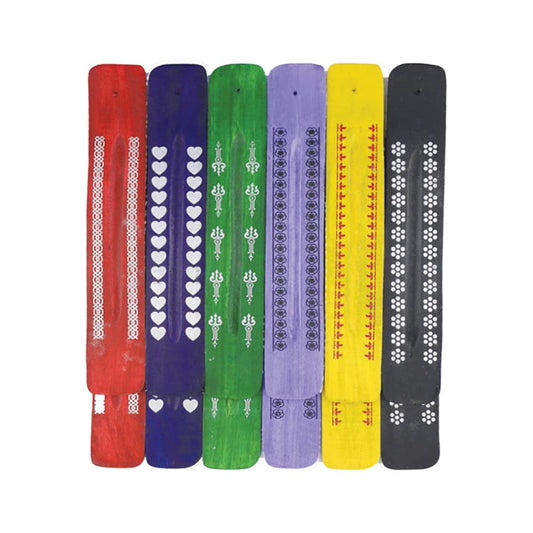Set of six colorful incense holders with patterned designs on a white background