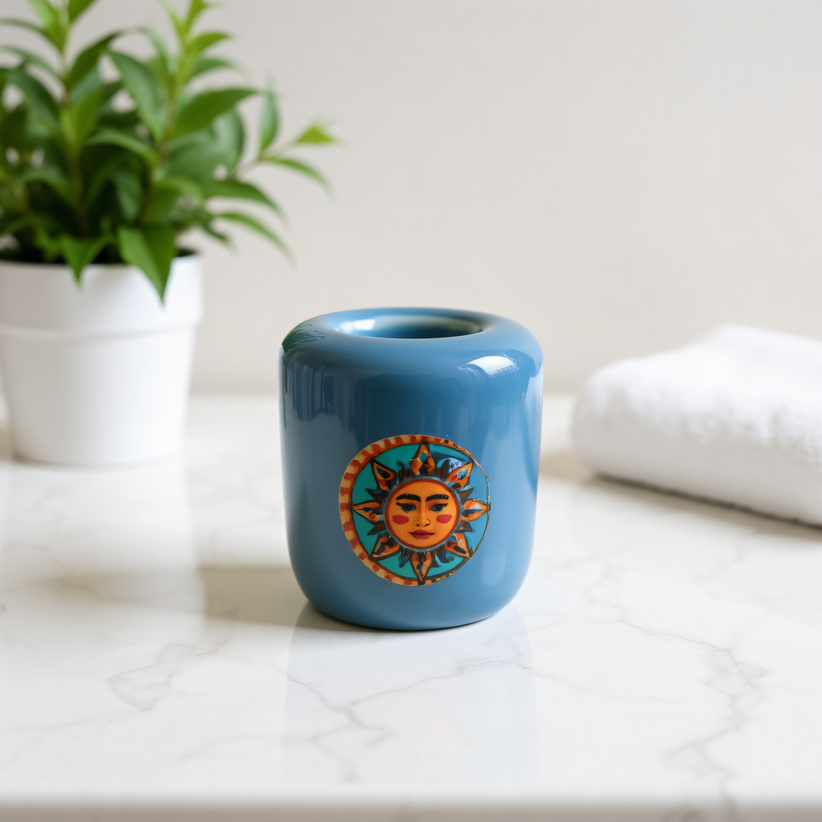 Ceramic Candle Holder Blue with Sun and Moon single stand