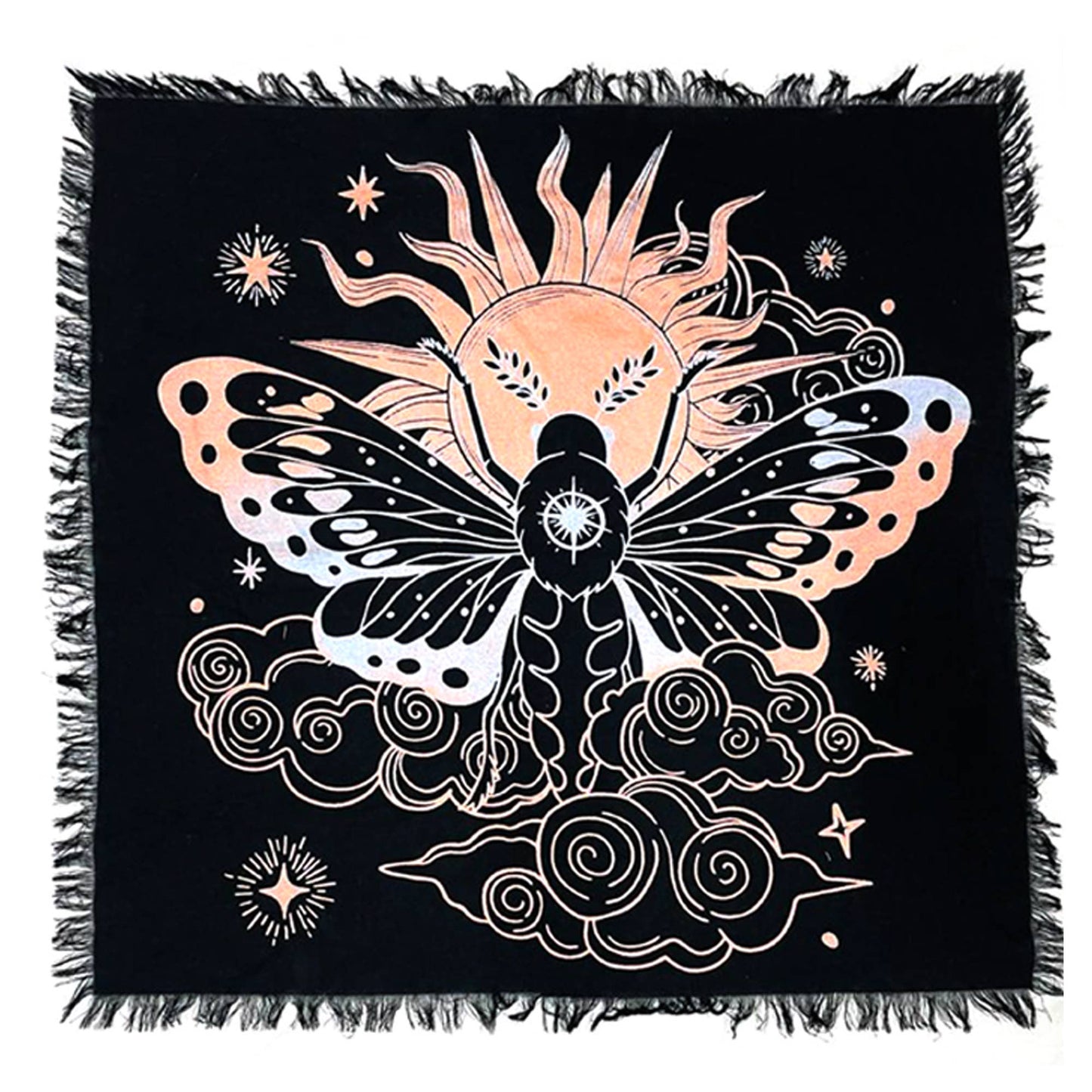 A square black fringed textile featuring a stylized celestial butterfly design in peach, white, and black, with clouds, stars, and a sun motif.