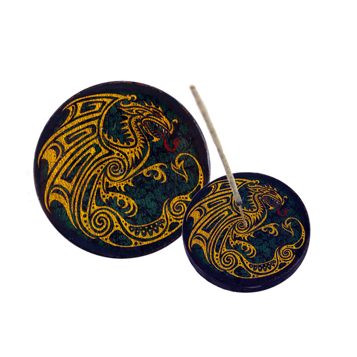 Two round incense cones with dragon design on a white background