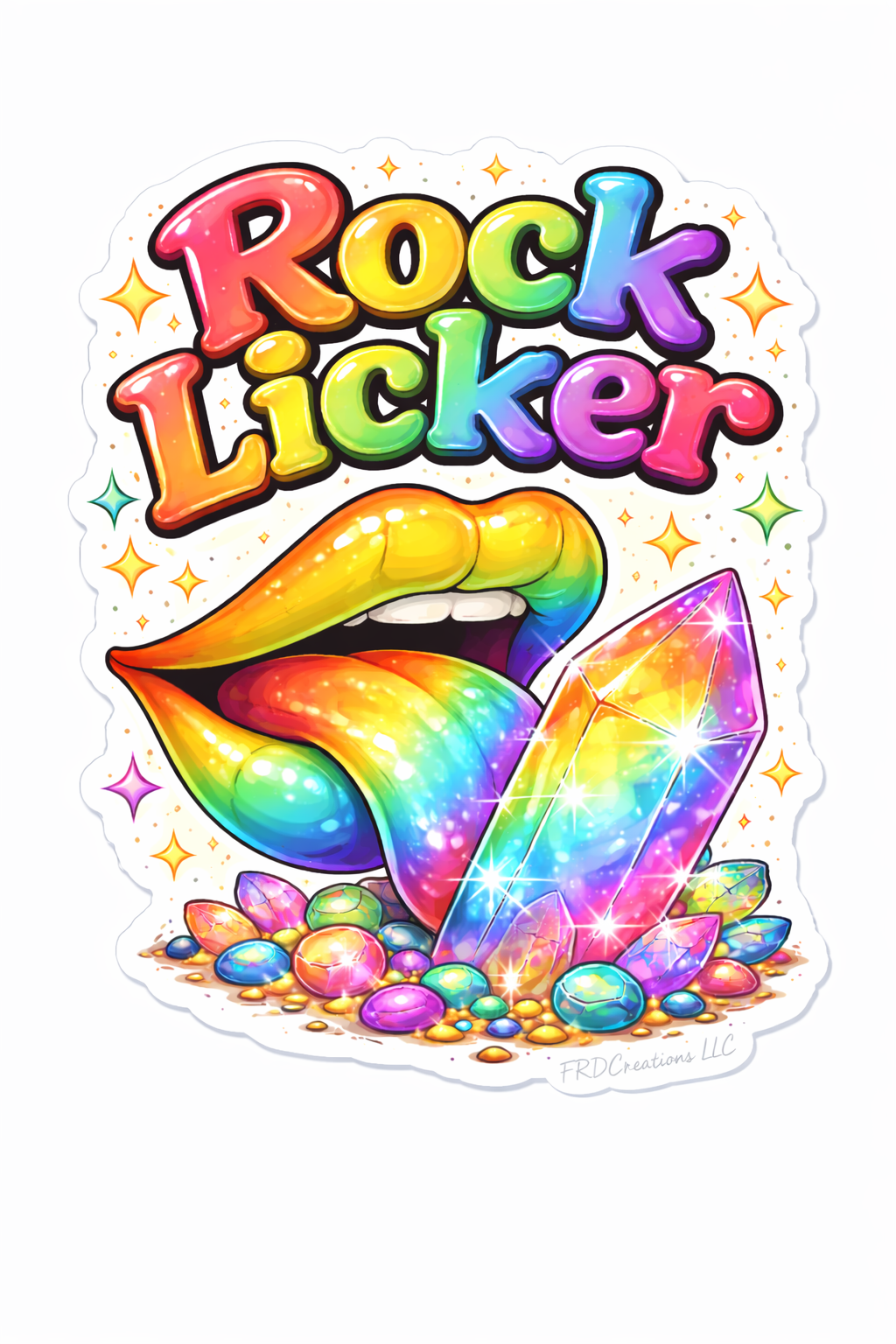 Sticker with 'Rock Licker' text, colorful lips, and crystals on a white background
