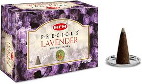 Box of HEM Precious Lavender incense cones with a single cone on a white background
