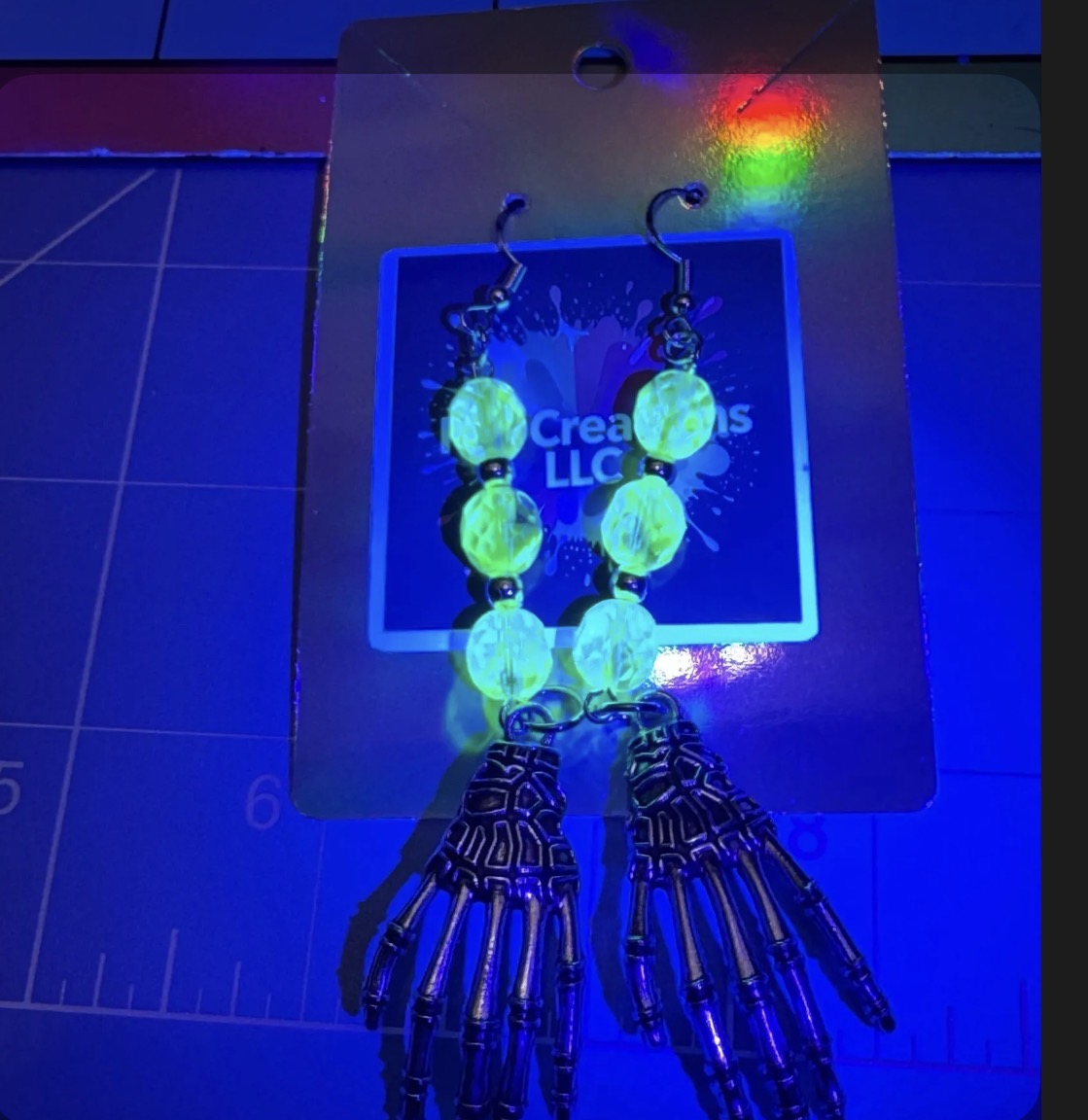 Uranium Glass Skeleton Hand Earrings – Glow Under UV