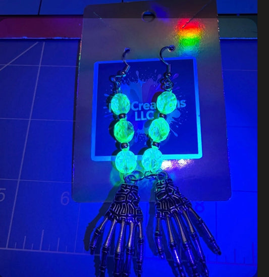Uranium Glass Skeleton Hand Earrings – Glow Under UV
