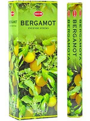 A box and a single stick of HEM Bergamot Incense Sticks, featuring a green and yellow citrus-themed design with illustrations of bergamot fruits on branches.