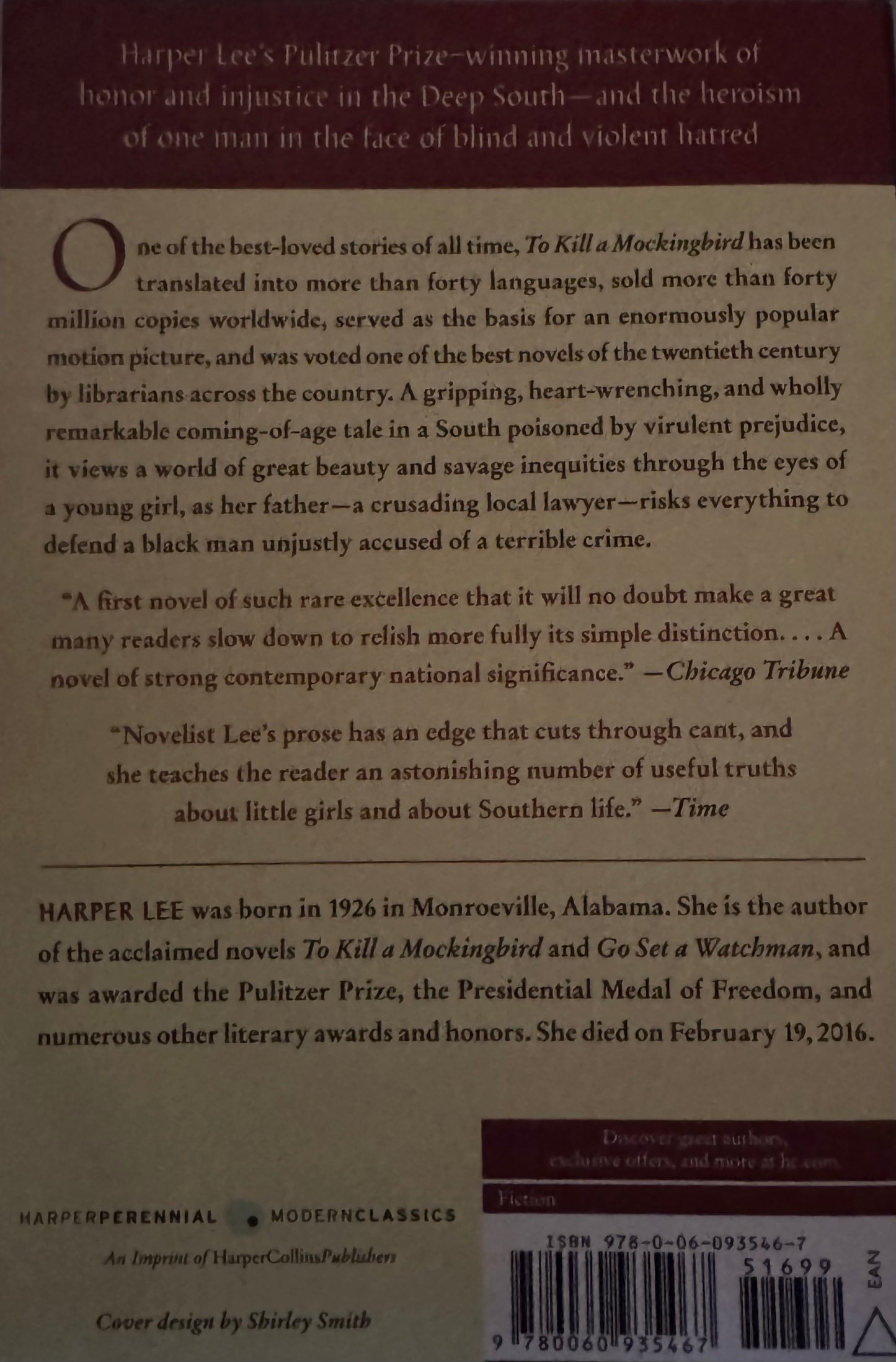 Book back cover with text about 'To Kill a Mockingbird' and Harper Lee's achievements