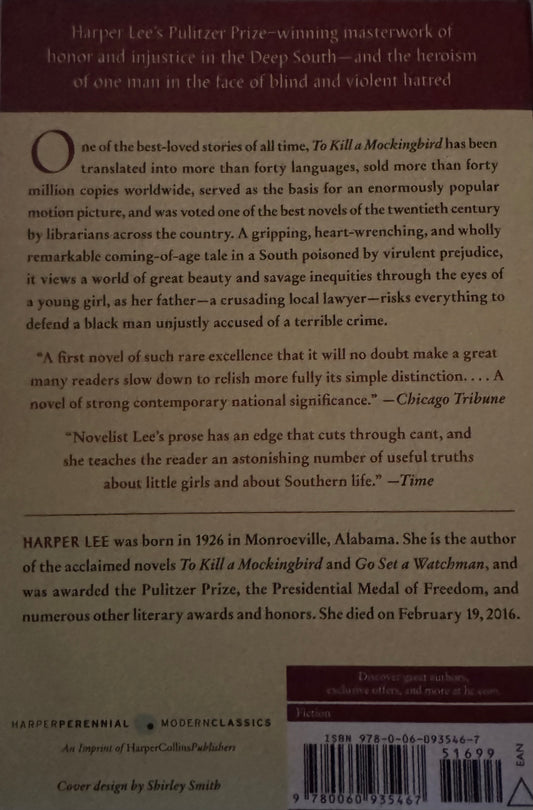 Book back cover with text about 'To Kill a Mockingbird' and Harper Lee's achievements