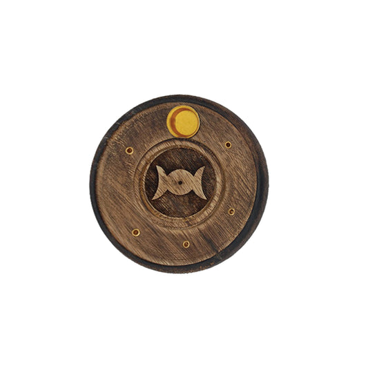 Wooden circular object with fish icon and yellow circle on a white background