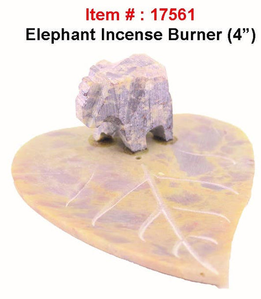 An elephant-shaped incense burner made of carved stone, placed on a heart-shaped stone base with engraved vein details. The item is shown on a plain white background with text at the top reading 'Item # : 17561 Elephant Incense Burner (4")'.