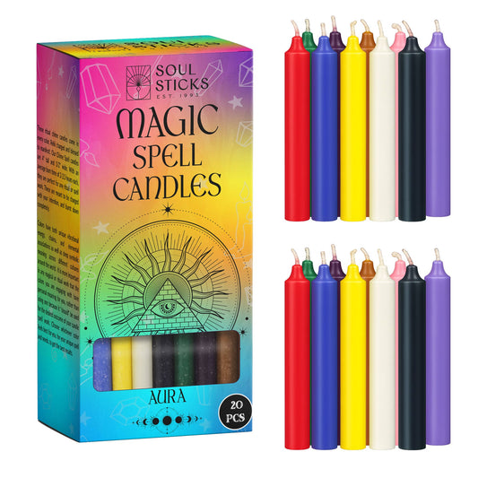 Soul Sticks Magic Spell Candles packaging with colorful candles displayed.