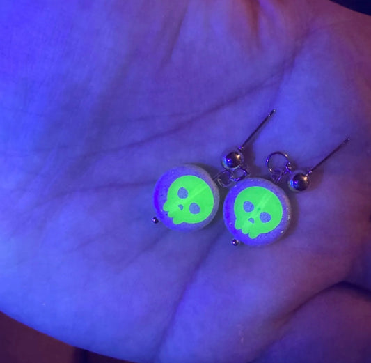 Glowing green skull earrings held in a hand under ultraviolet light.