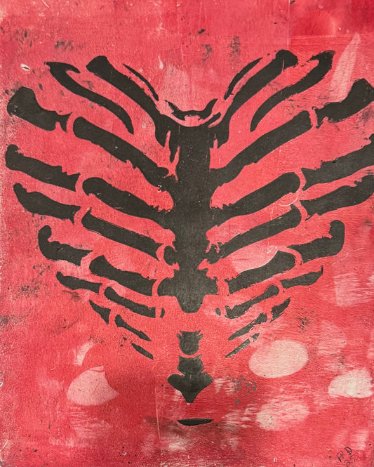 A distressed red wall stencil featuring a black skeletal rib cage , with visible painted texture, scratches, and worn areas.