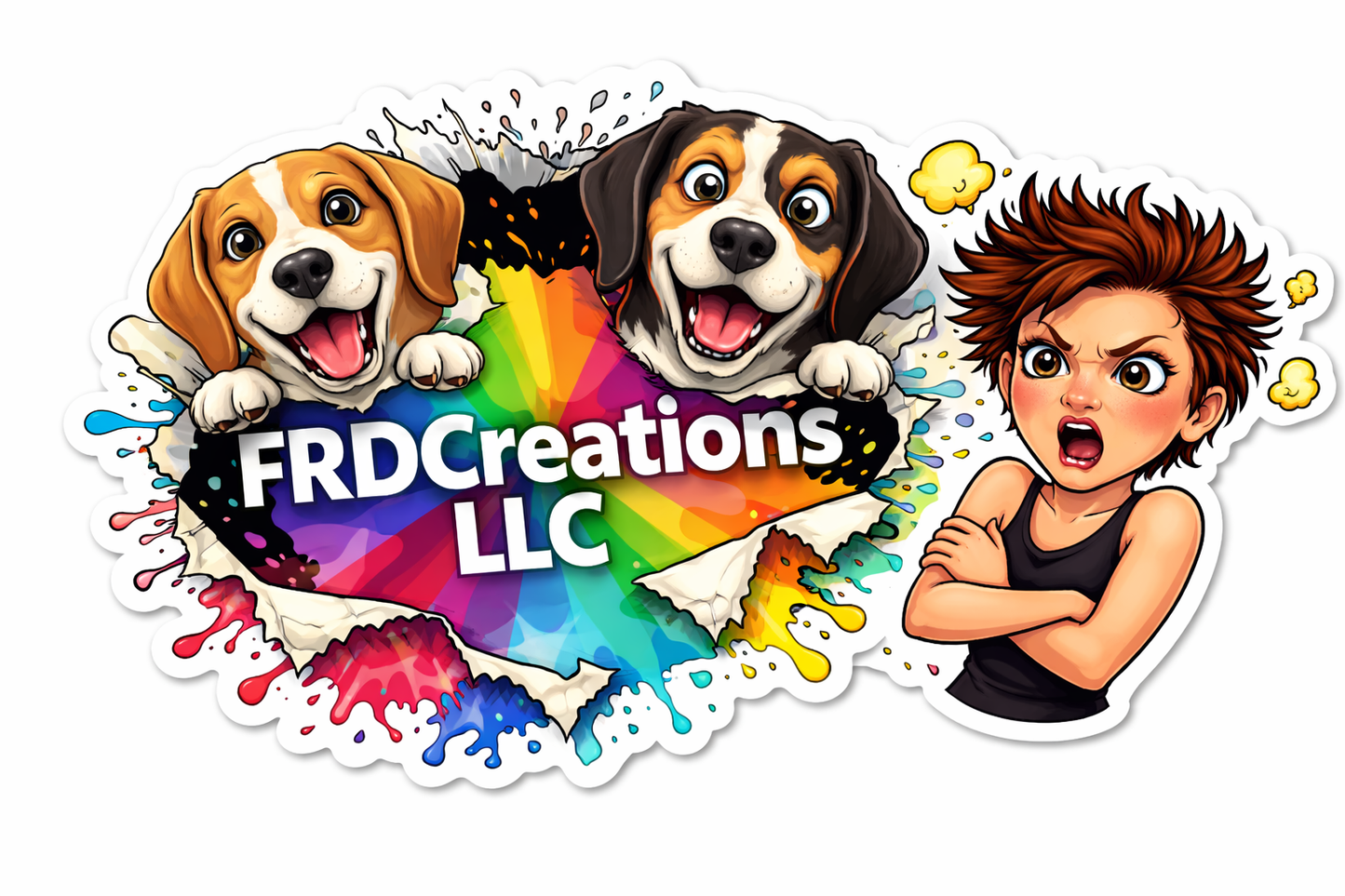 Sticker with cartoon dogs and a person, featuring the 'FRD Creations LLC' logo.