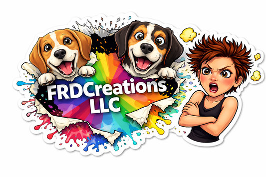Sticker with cartoon dogs and a person, featuring the 'FRD Creations LLC' logo.
