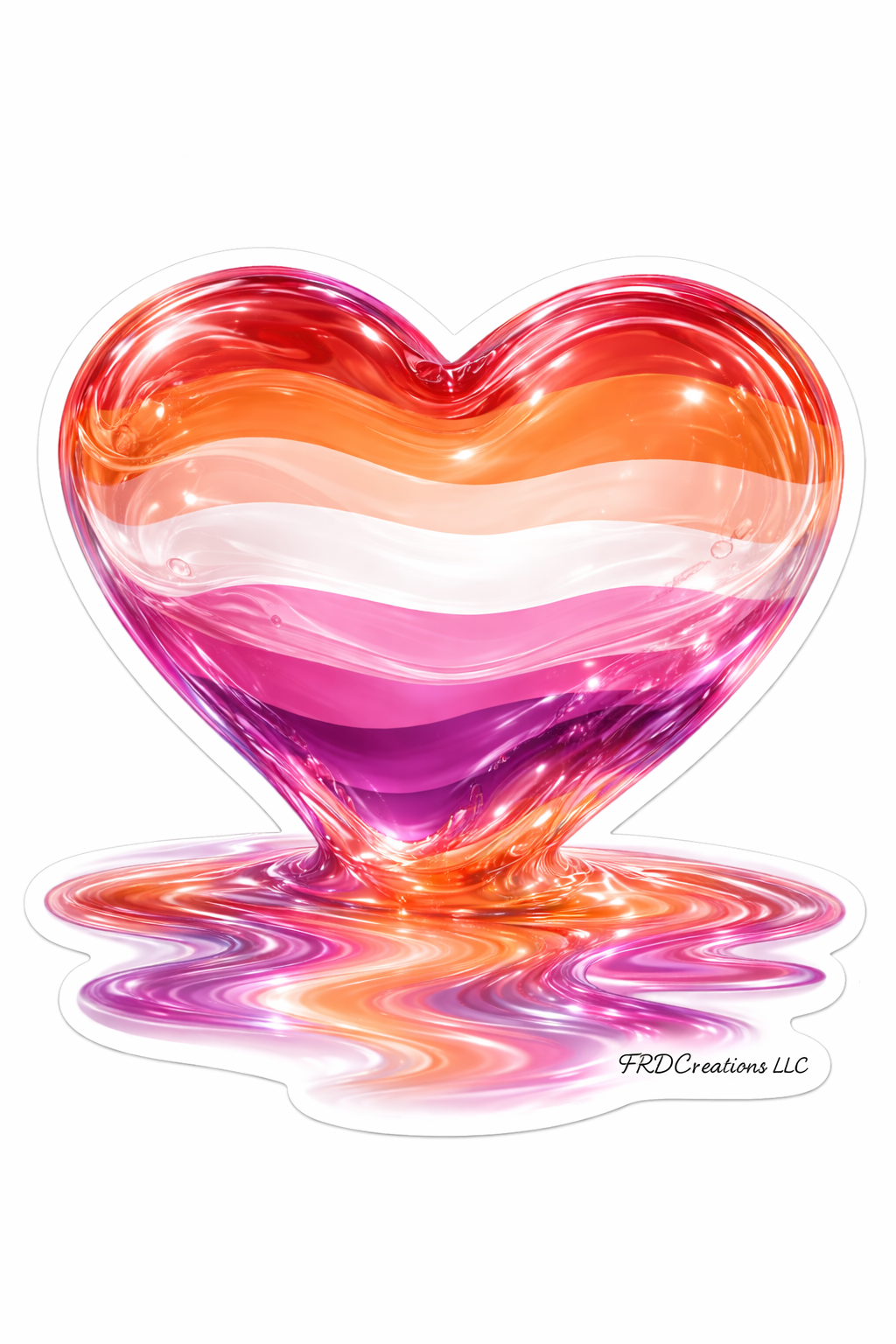 A die-cut sticker featuring a glossy, 3D-effect heart filled with horizontal stripes of red, orange, white, pink, and purple, with a matching liquid-like reflection below. The text 'FRED Creations LLC' is printed in the bottom right corner of the sticker.