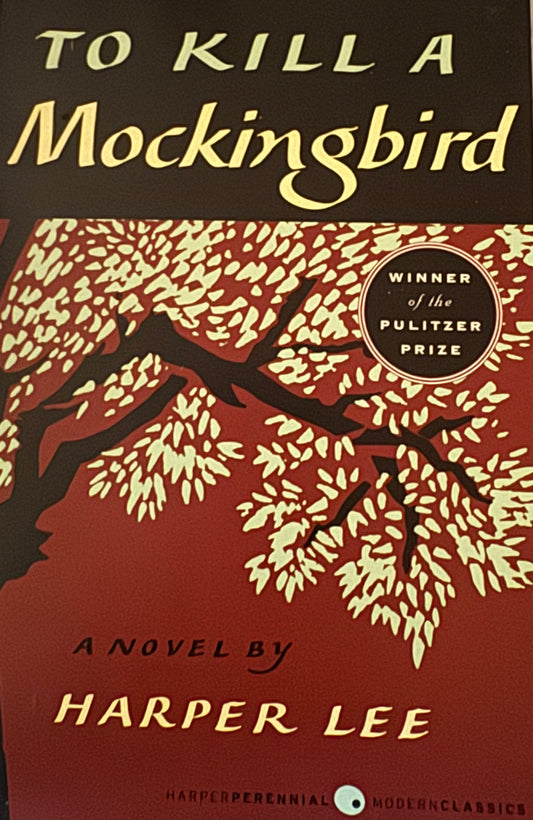 Book cover of 'To Kill a Mockingbird' with tree illustration and text about Harper Lee.