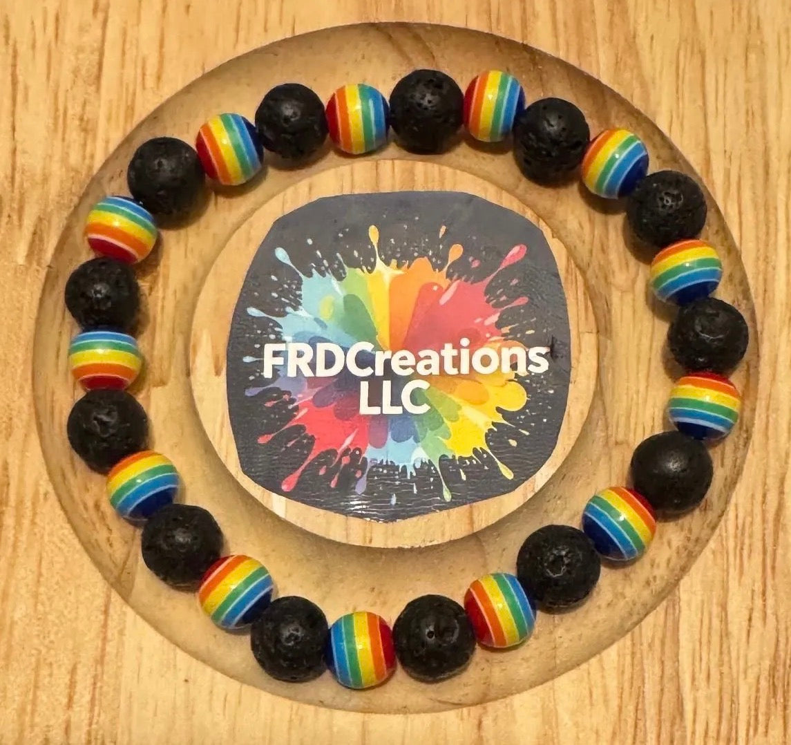 Bracelet with rainbow beads on a wooden stand