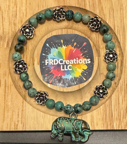 Handmade African Turquoise Elastic Bracelet with Bronze Elephant Charm