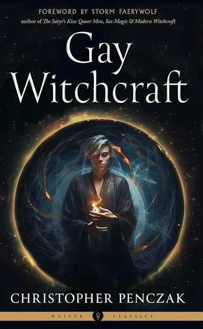 Book cover for 'Gay Witchcraft' by Christopher Penczak, featuring a dark fantasy illustration of a woman in a robe holding a glowing orb within a circular portal on a starry black background.