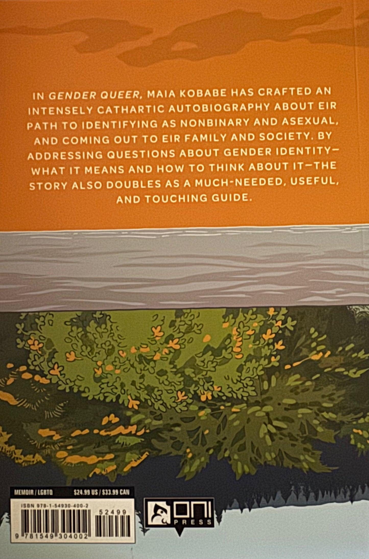 Book cover with text about a gender queer autobiography and nature illustration.