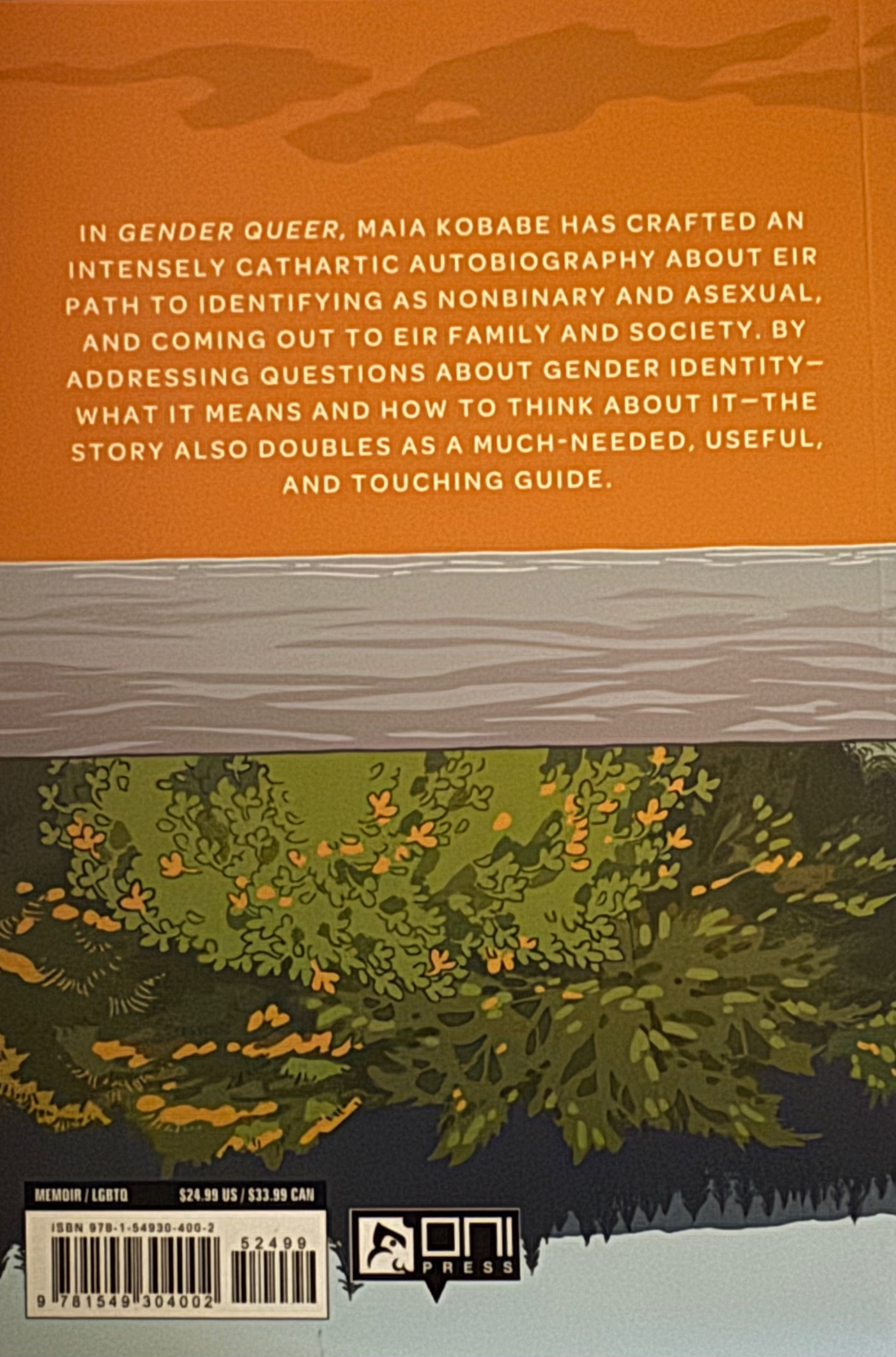 Book cover with text about a gender queer autobiography and nature illustration.