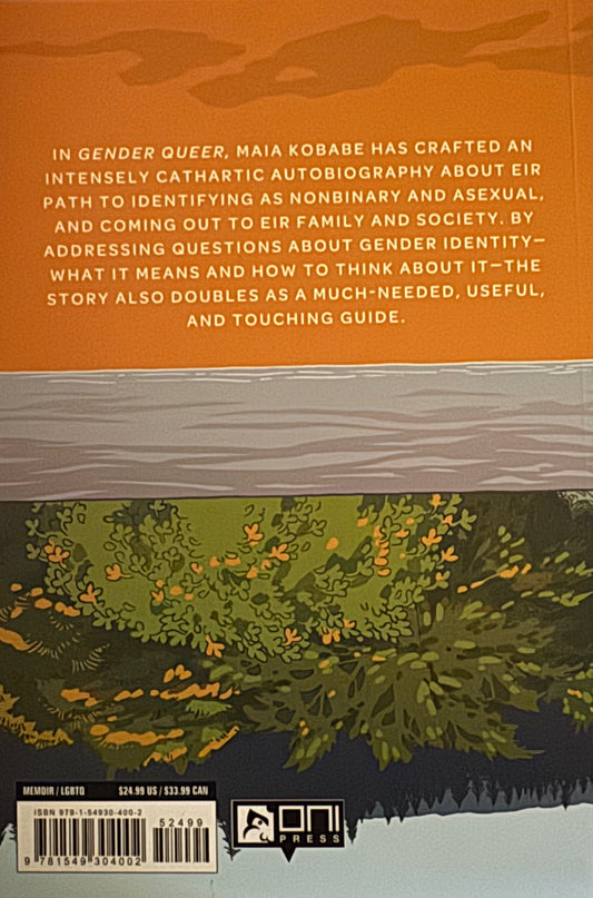 Book cover with text about a gender queer autobiography and nature illustration.