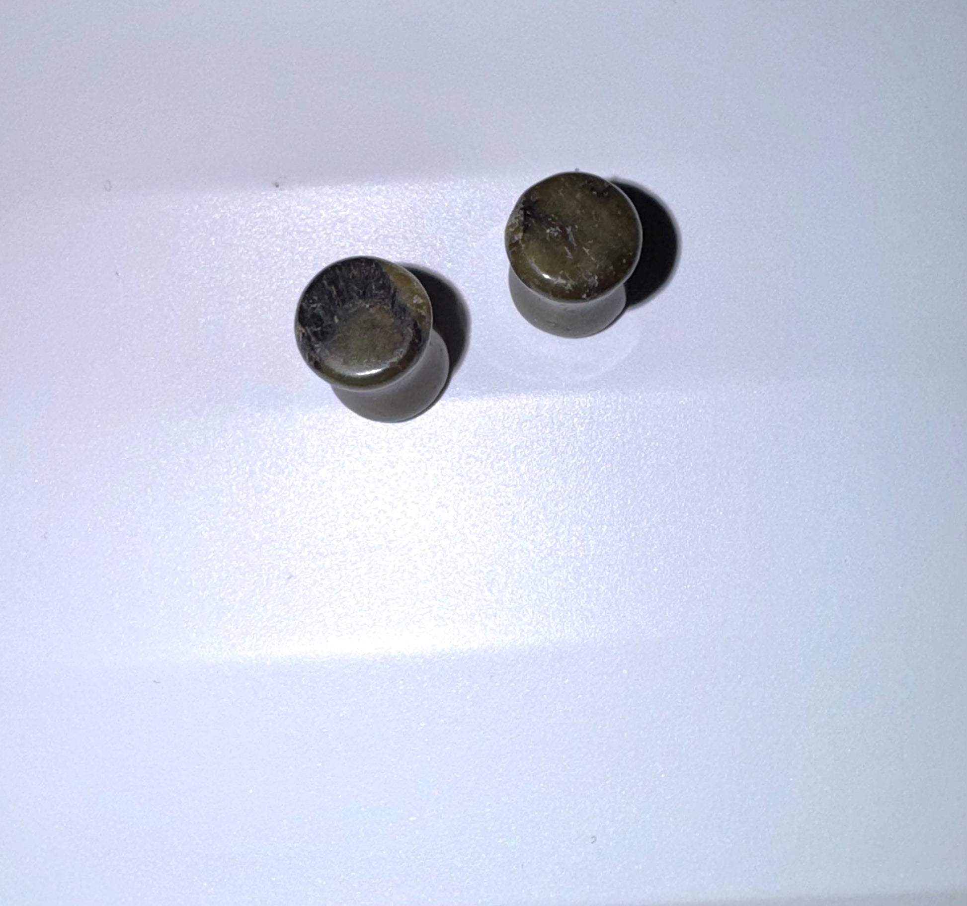 Two labradorite ear gauges on a white background