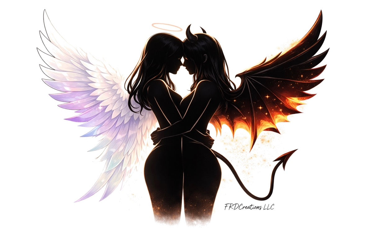 Illustration of a Lesbian angel and a demon embracing with wings and tail.