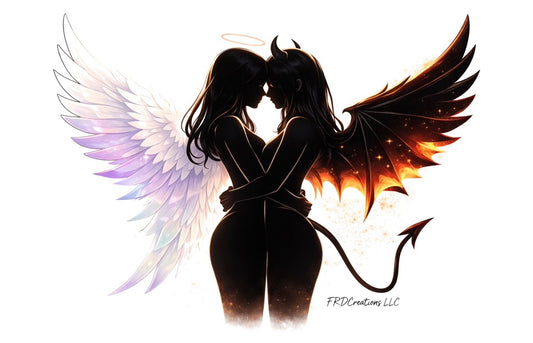 Illustration of a Lesbian angel and a demon embracing with wings and tail.
