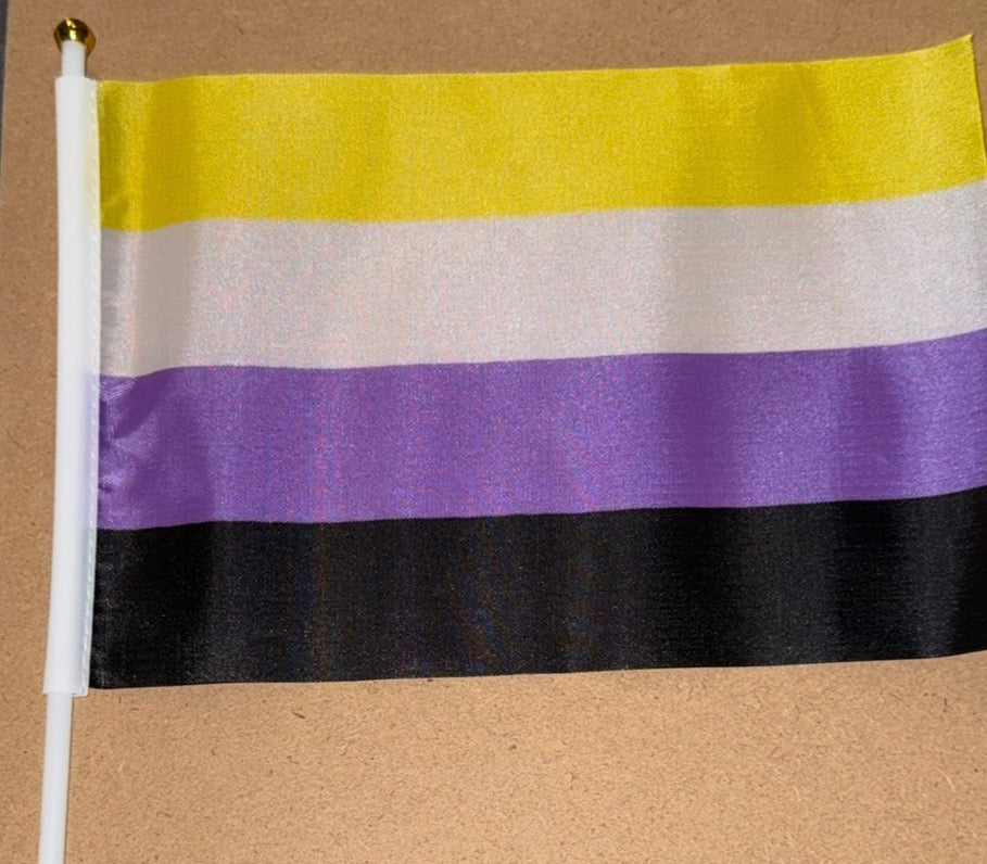 Flag with yellow, white, purple, and black horizontal stripes on a beige background