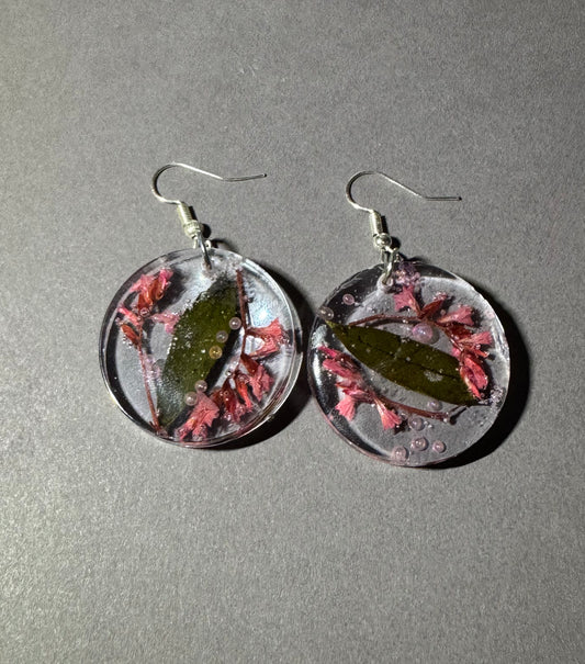 A pair of round clear resin drop earrings with silver fishhook wires, containing dried green leaves and pink sea plants, displayed on a textured gray background.