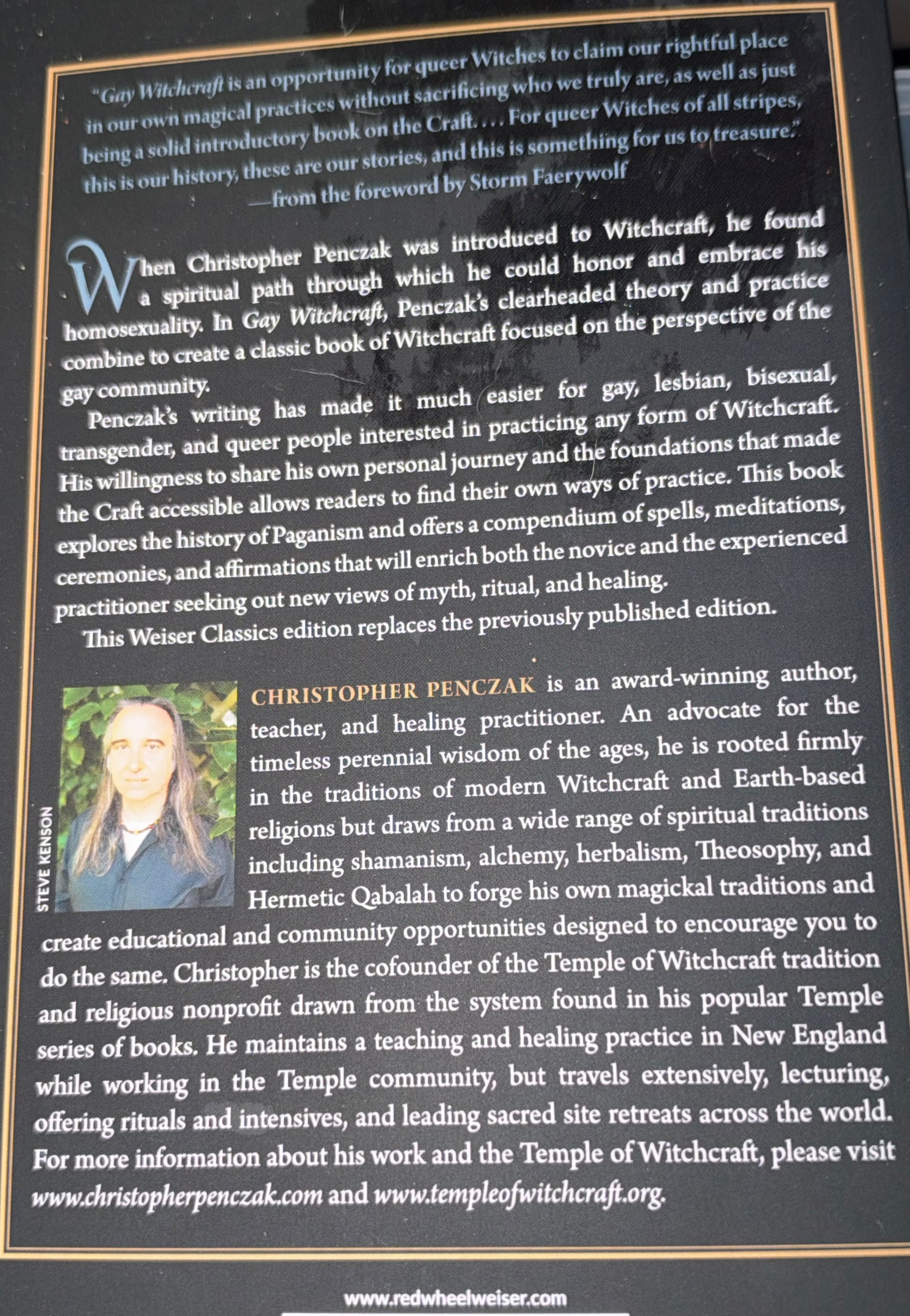 A book cover for 'Witchcraft' by Christopher Penczak, featuring a dark brown background with a gold border, white text, a small portrait photo of the author, and a quote at the top.
