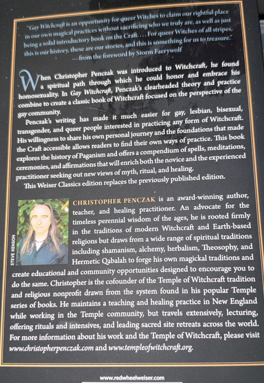 A book cover for 'Witchcraft' by Christopher Penczak, featuring a dark brown background with a gold border, white text, a small portrait photo of the author, and a quote at the top.