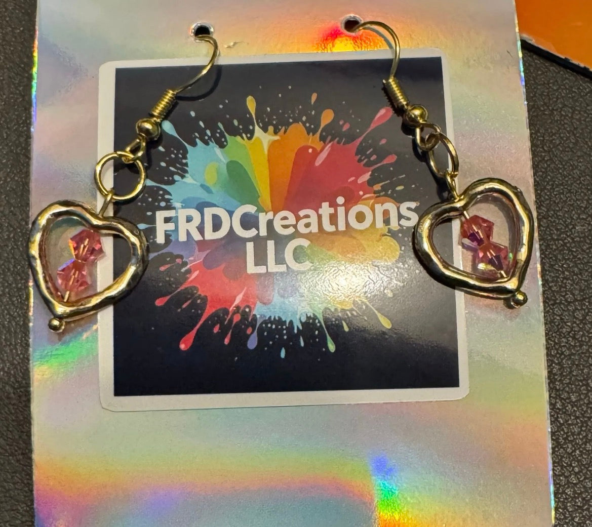 Handmade Gold and Pink Heart Earrings