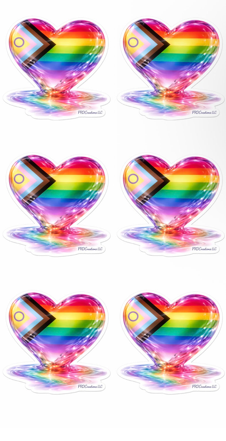 Six rainbow heart-shaped objects with chevron patterns on a white background