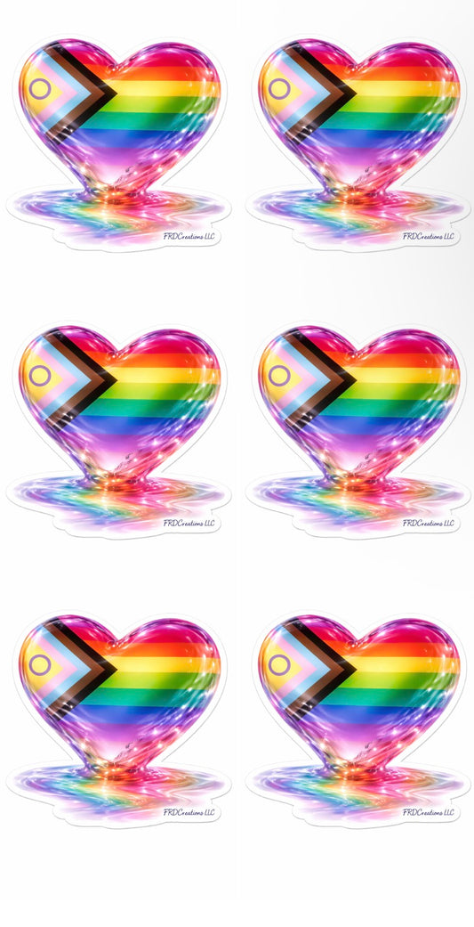 Six rainbow heart-shaped objects with chevron patterns on a white background