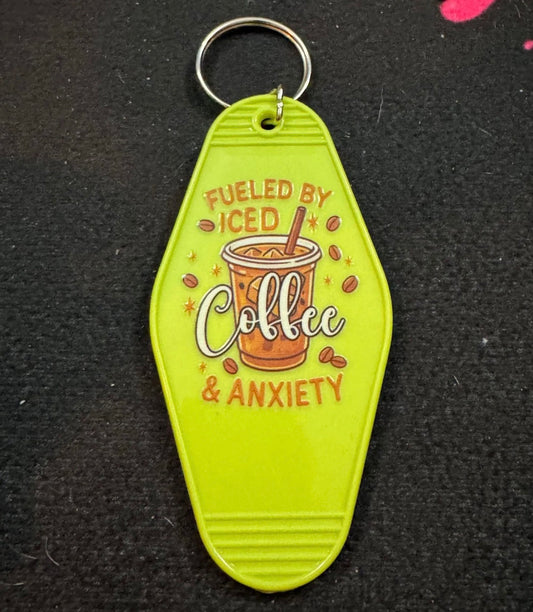 Fueled by Iced coffee and anxiety light green motel keychain 