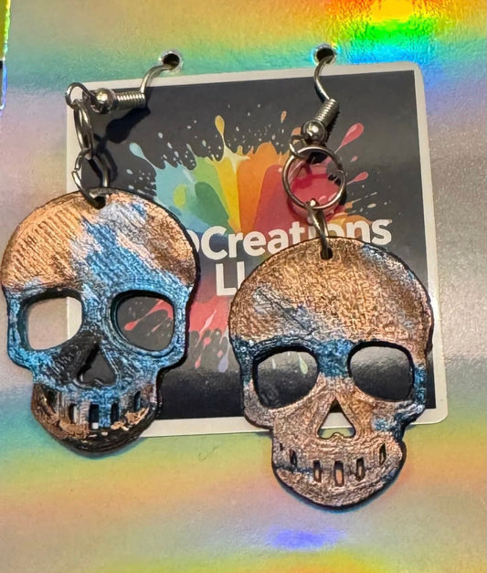 Blue and Copper Skull-shaped earrings on a colorful card.