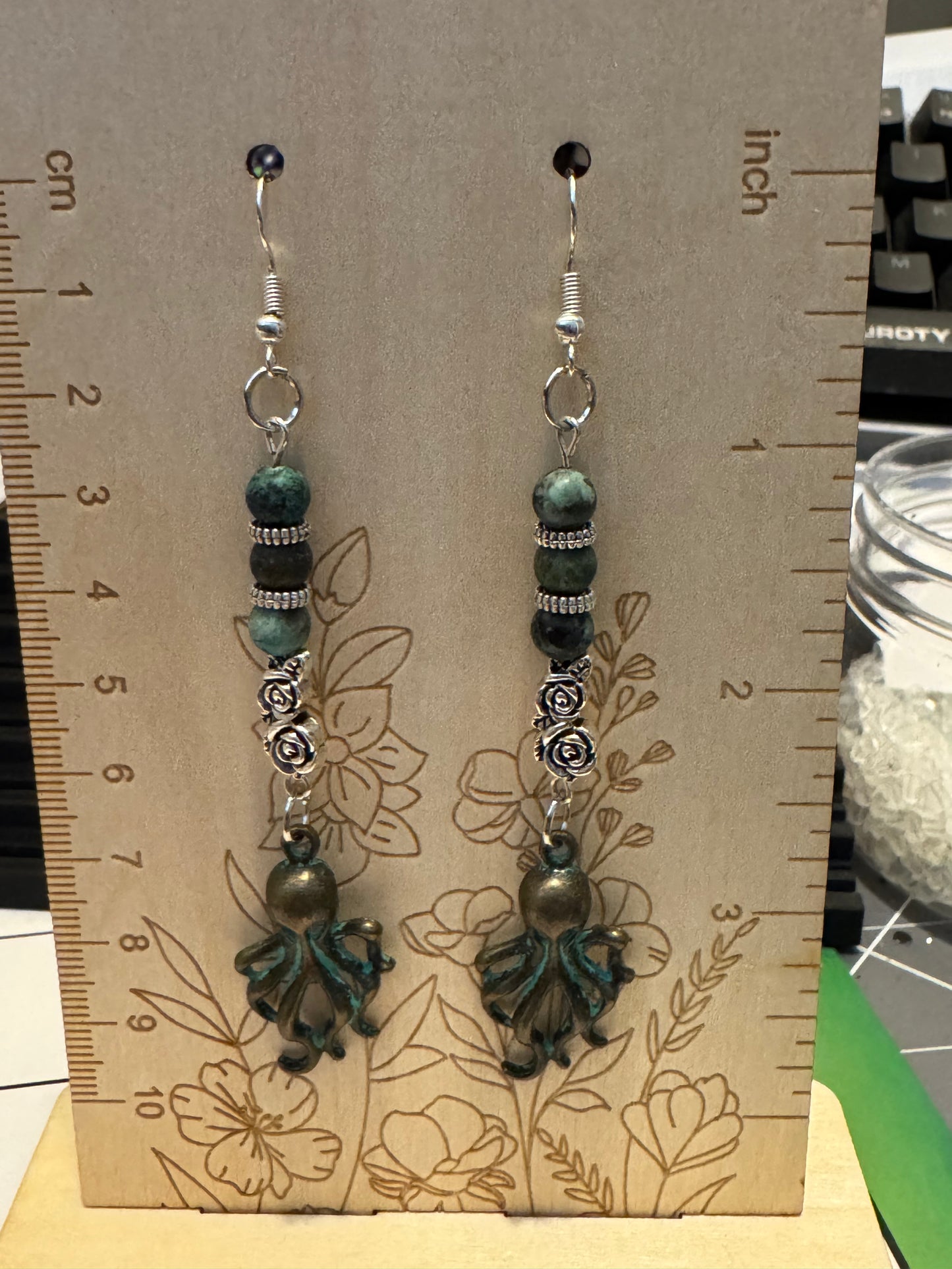 Handmade African Turquoise & Octopus Dangle Earrings